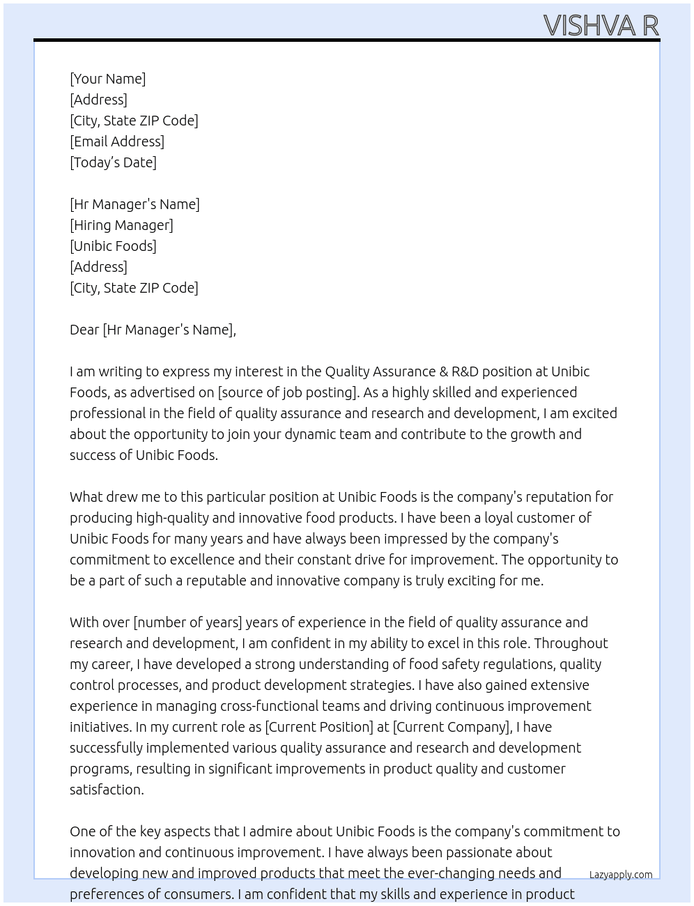 Quality assurance & R&D At Unibic foods Cover Letter