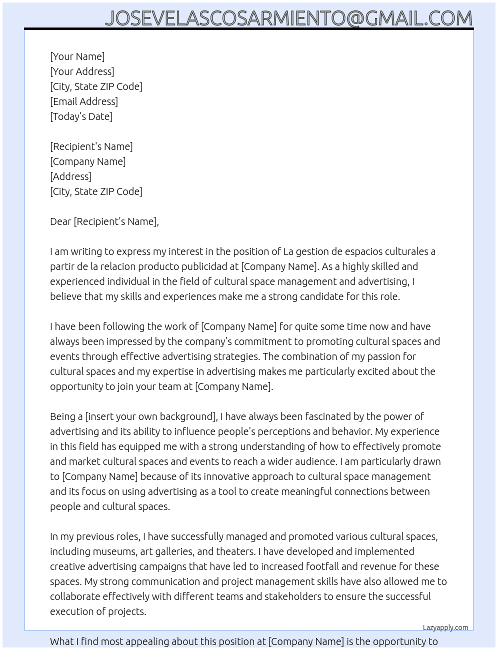 La gestion de espacios culturales a partir de la relacion producto publicidad  At Jose9008 Cover Letter