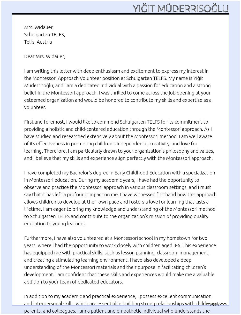 Montessori Approach Volunteer At Schulgarten TELFS Cover Letter