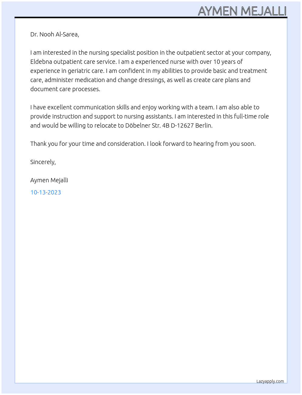 Nursing specialist in the outpatient sector At Eldebna outpatient care service Cover Letter