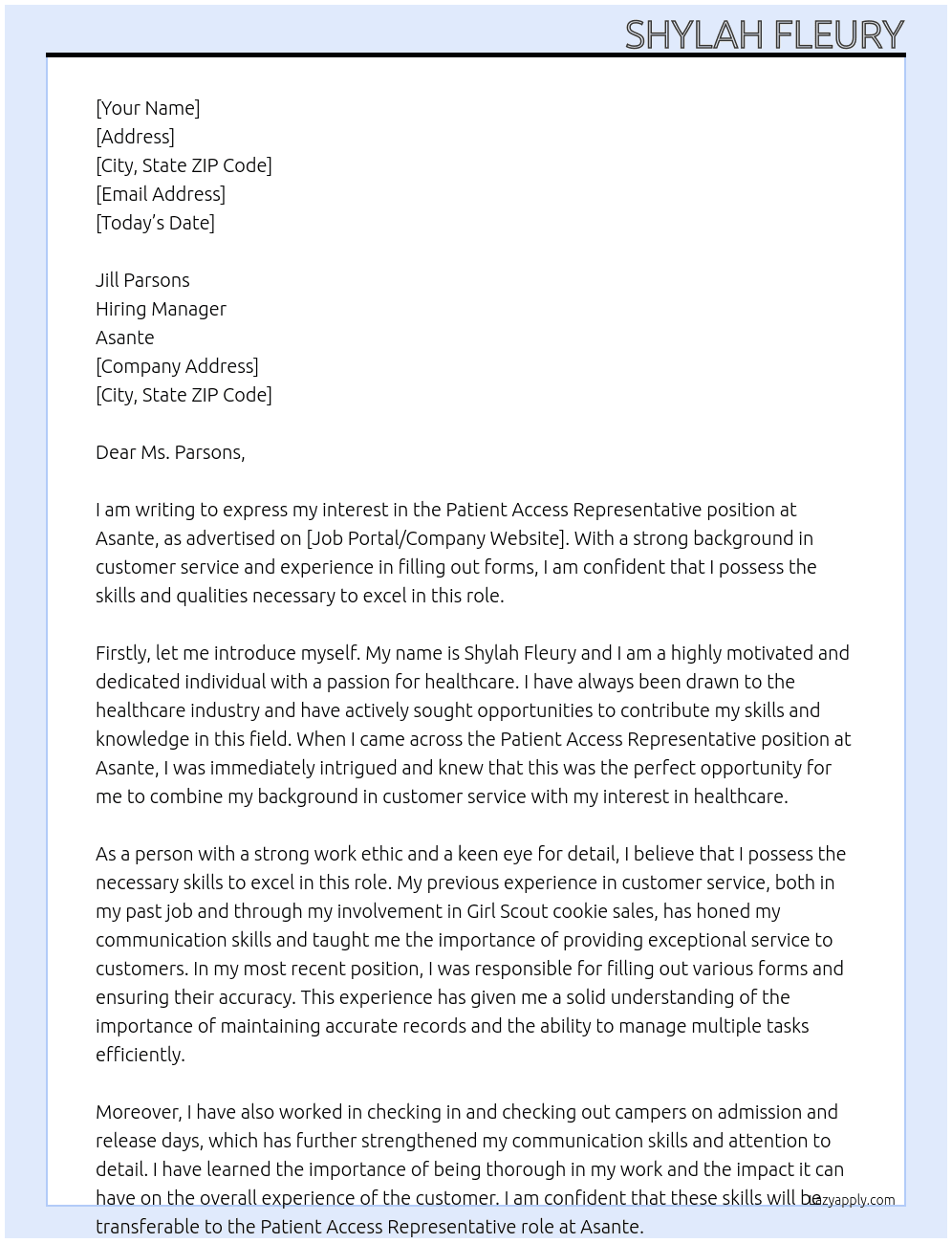 Patient Access Representative At Asante Cover Letter