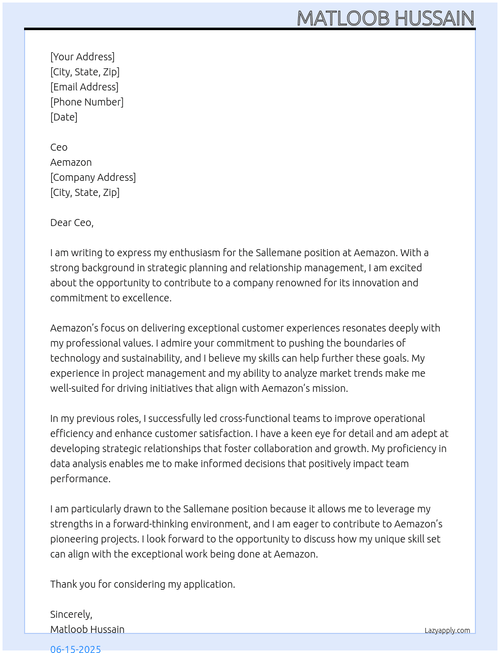 Sallemane At Aemazon Cover Letter
