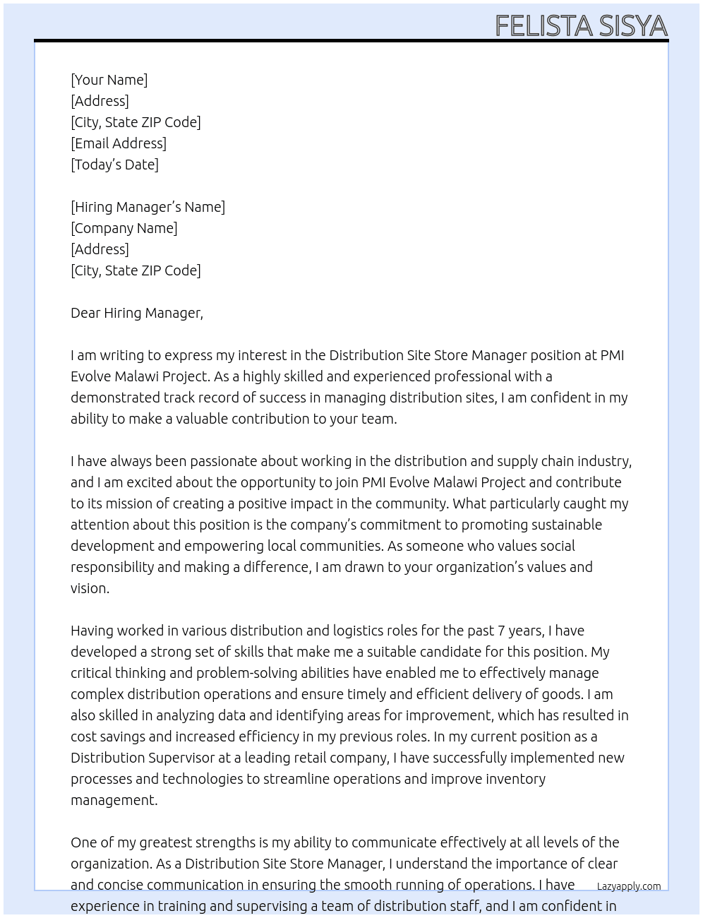 Distribution site store Manager At PMI Evolve Malawi Project  Cover Letter