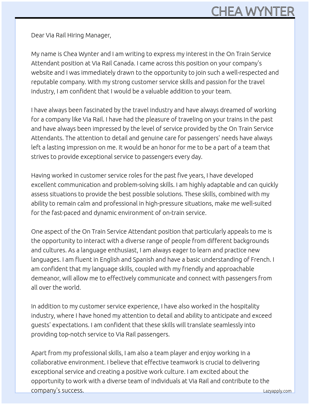 On Train Service Attendant At Via Rail Canada Cover Letter