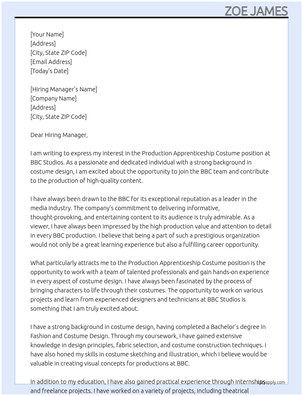 Production Apprenticeship Costume BBC Studios  At BBC  Cover Letter