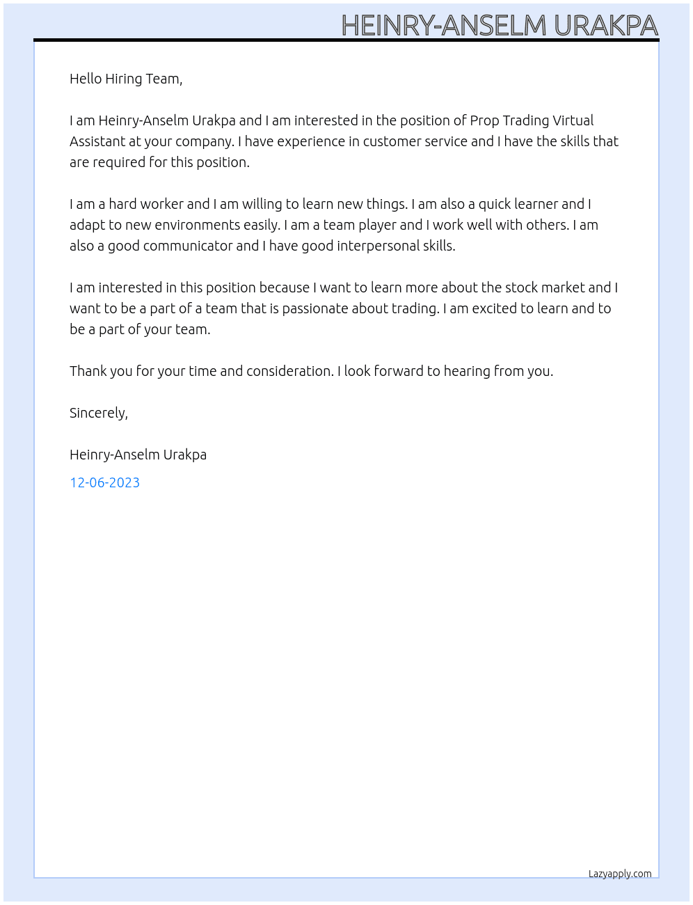 Prop Trading Virtual Assistant At Prop trading Cover Letter