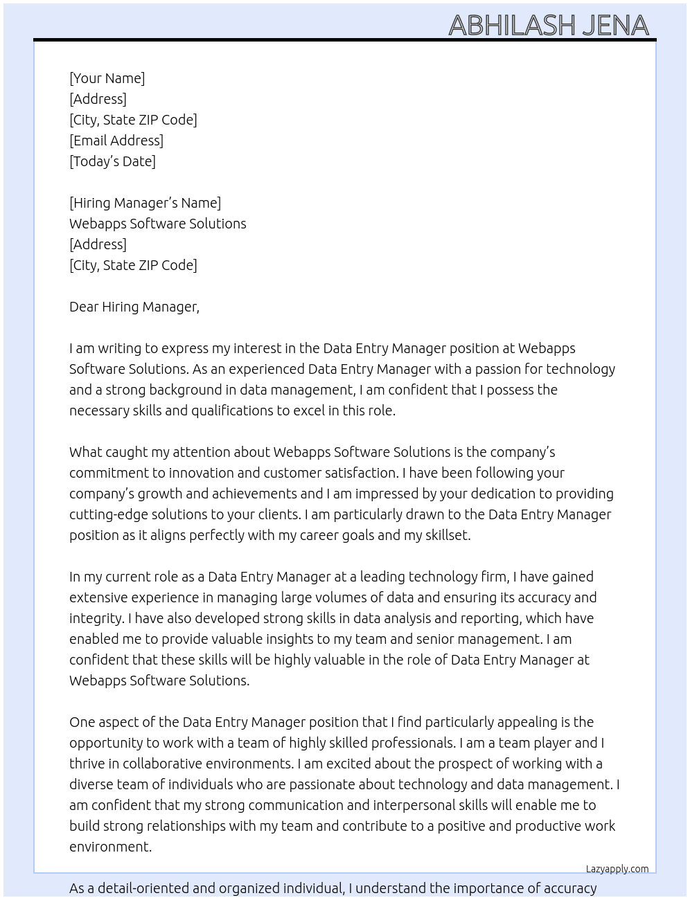 Data Entry Manager At Webapps Software Solutions  Cover Letter