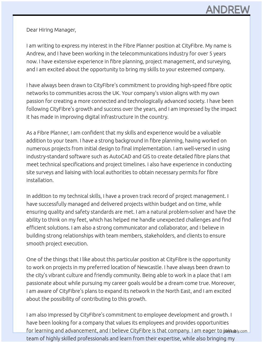 Fibre Planner At cityfibre Cover Letter