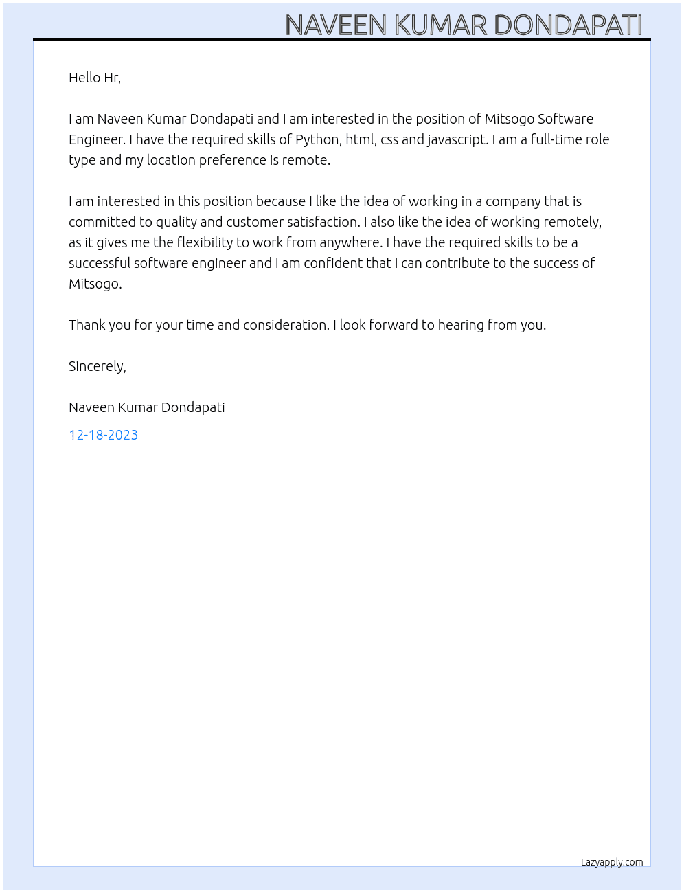 Mitsogo Software Engineering  At Mitsogo Cover Letter