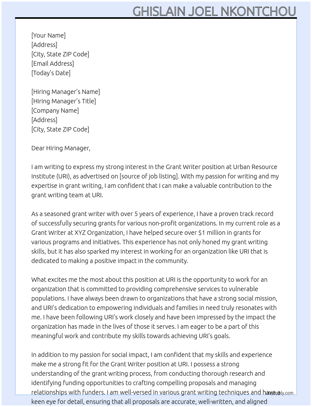 Grant Writer At Urban Resource Institute (URI) Cover Letter