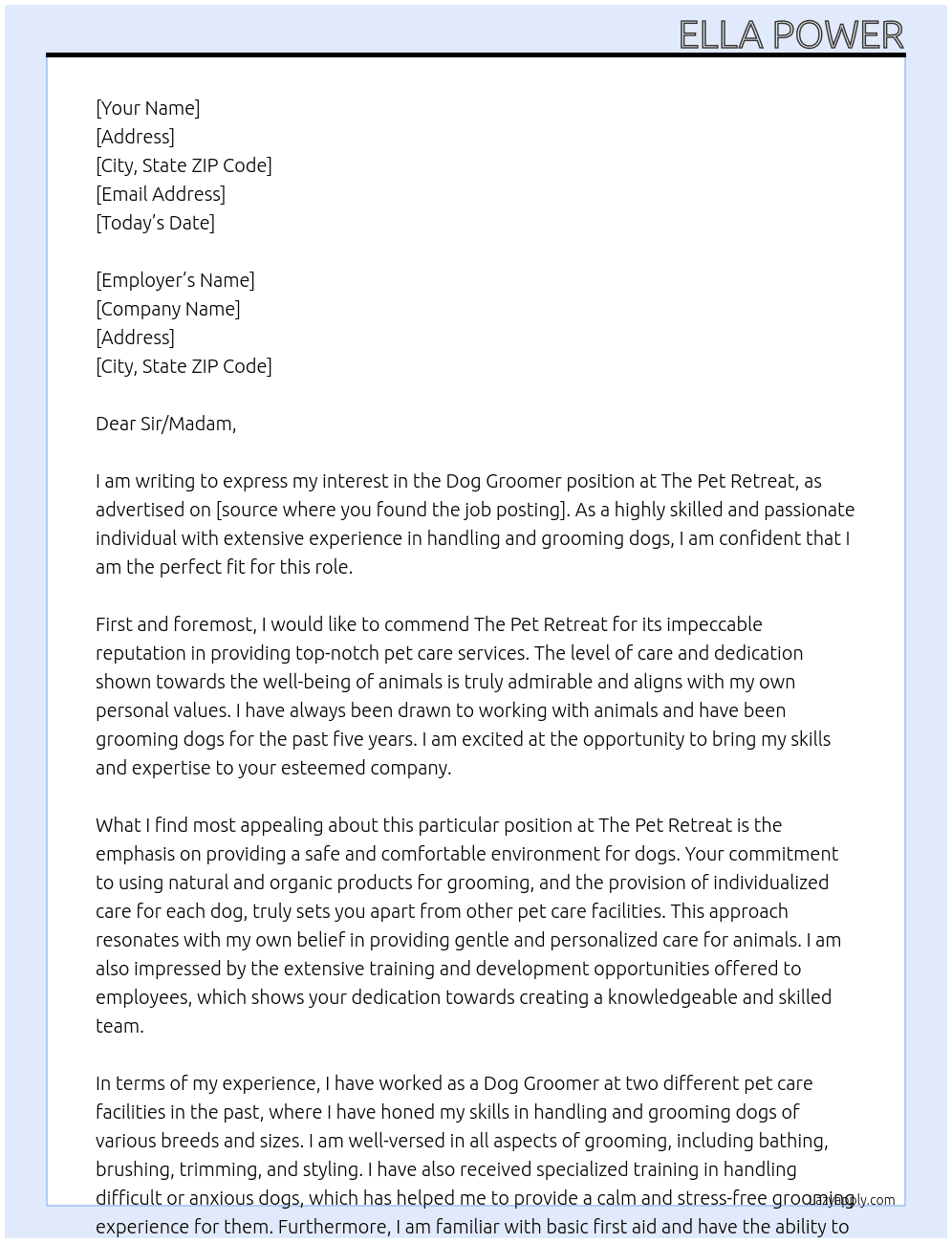 Dog groomer At The Pet Retreat Cover Letter