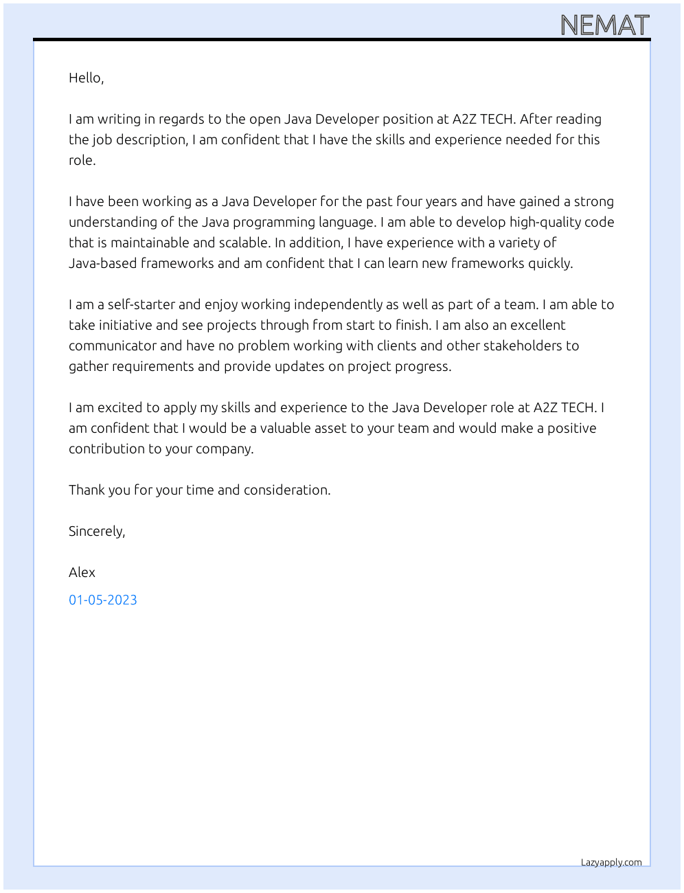 java developer At A2Z TECH Cover Letter