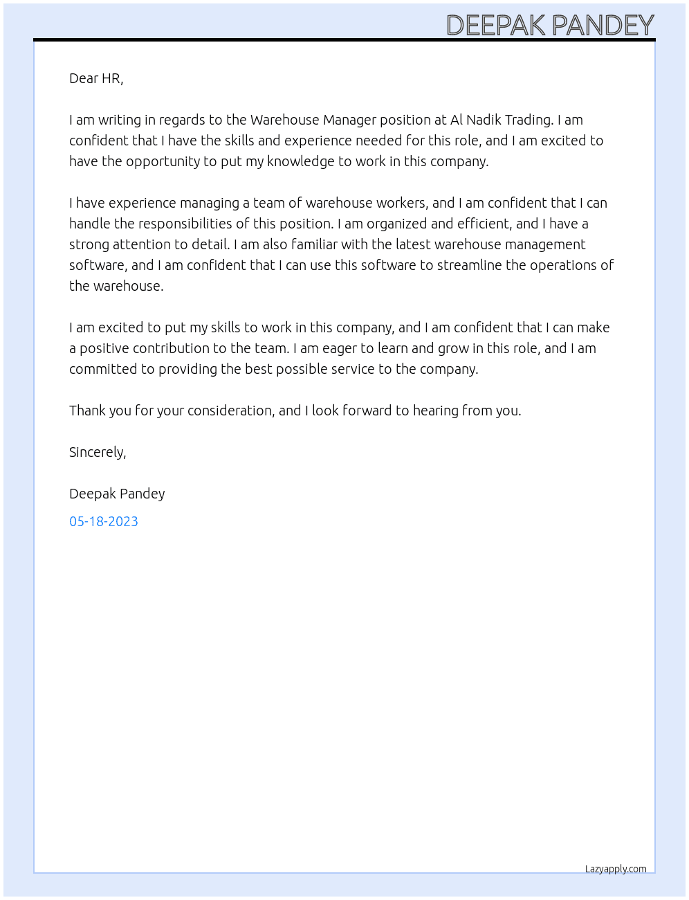 WAREHOUSE MANAGER At Al Nadik Trading Cover Letter