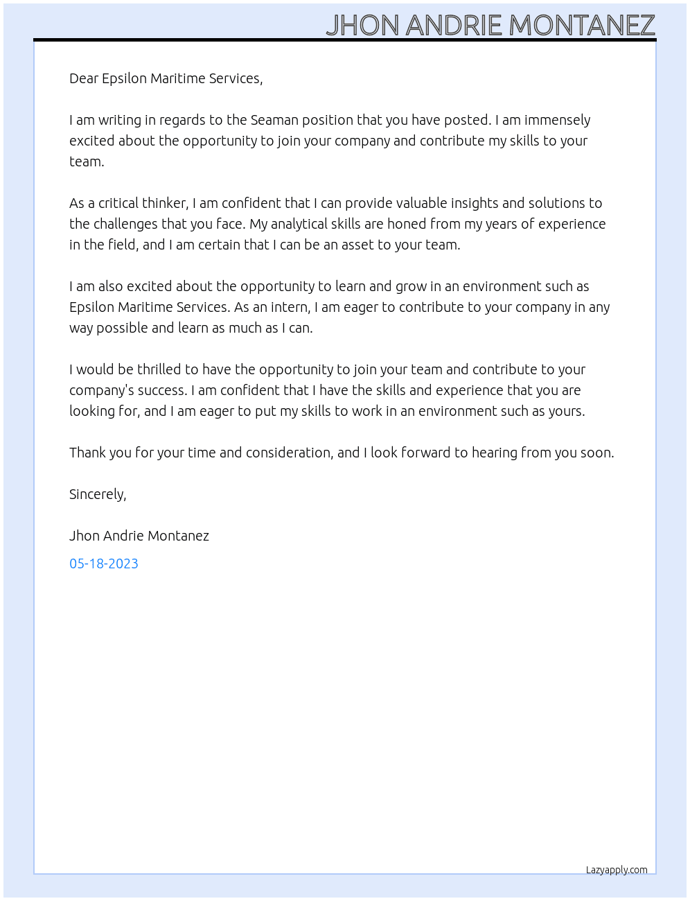 seaman At Epsilon Maritime Services, Inc. Cover Letter