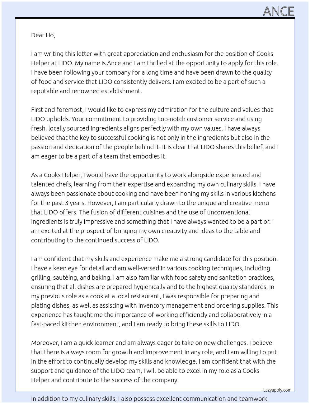 cooks helper At LIDO Cover Letter