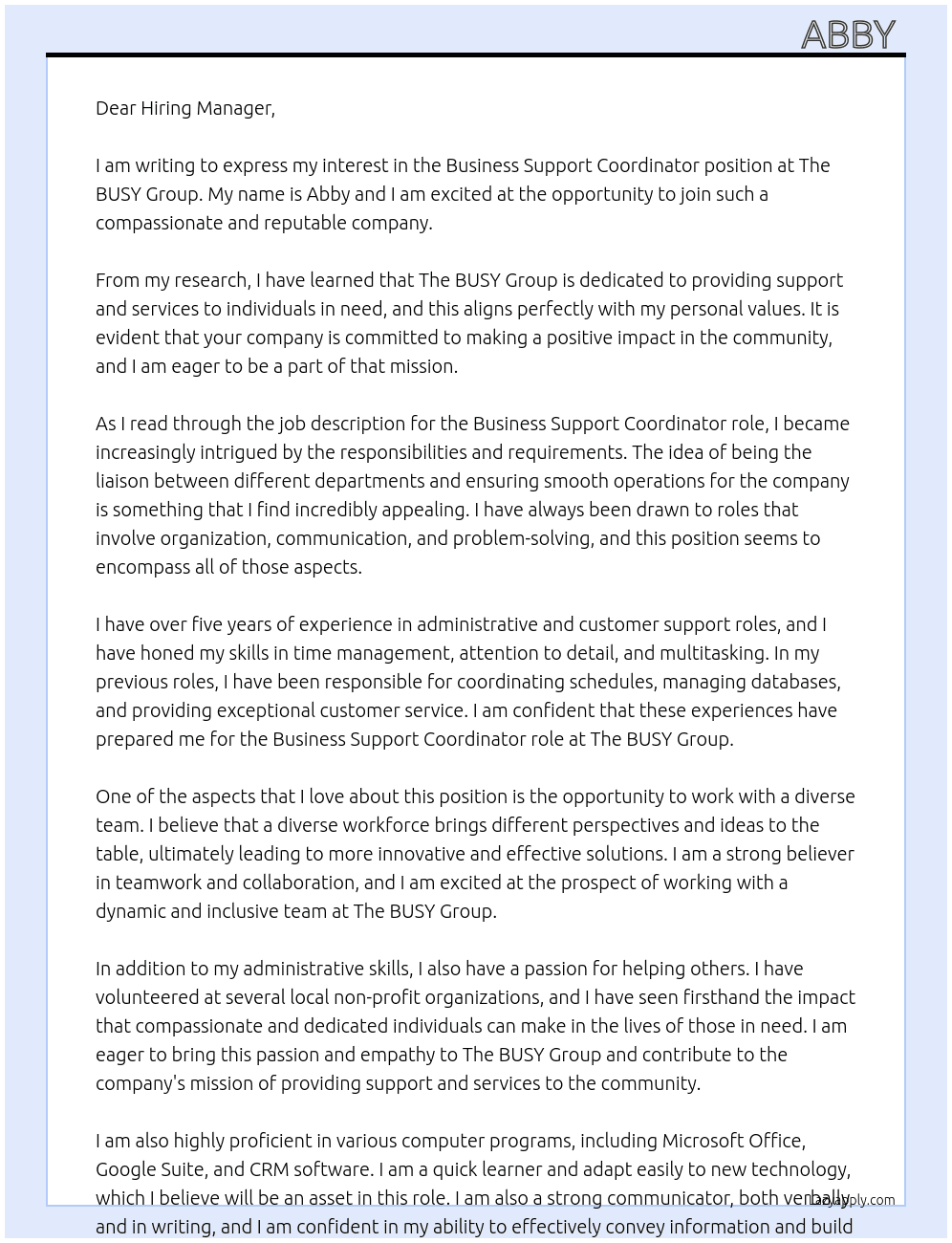 Business Support Coordinator  At The BUSY Group  Cover Letter