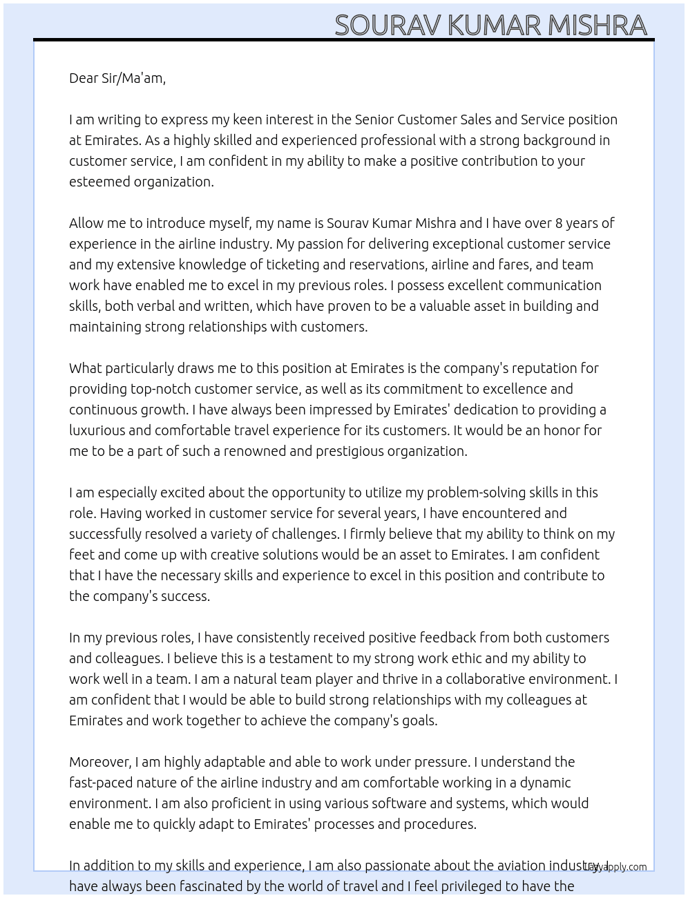 Cover letter for senior customer sales and service - LazyApply