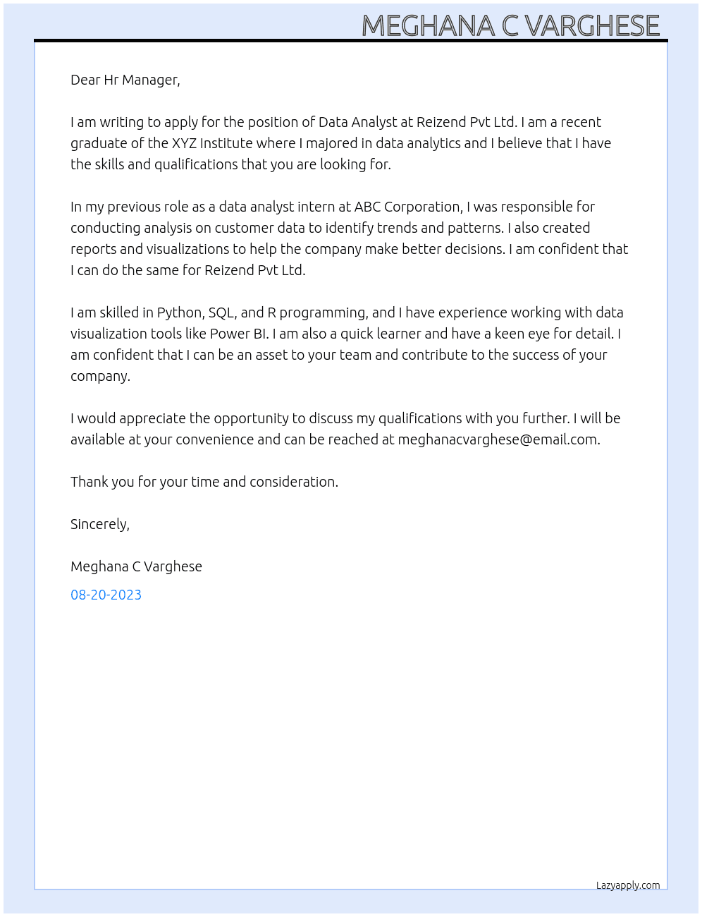 Data Analyst  At Reizend Pvt Ltd  Cover Letter