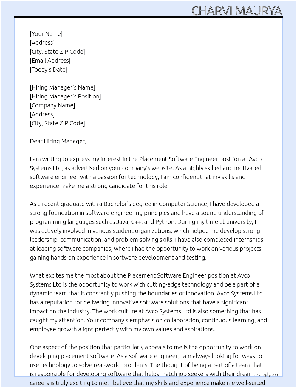 Placement Software Engineer At Avco Systems Ltd Cover Letter
