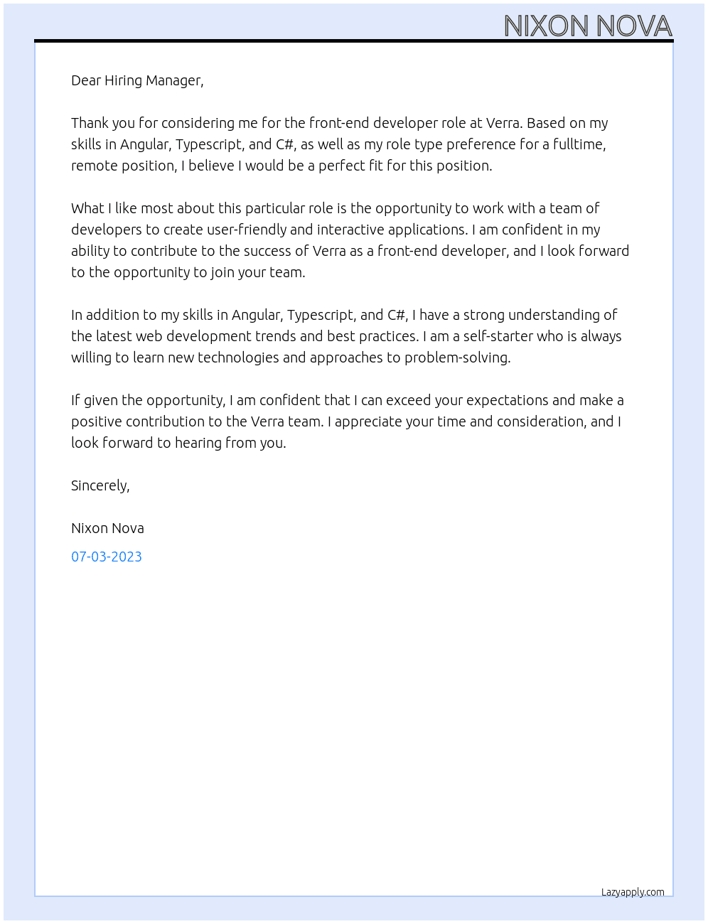 Front end developer At Verra Cover Letter