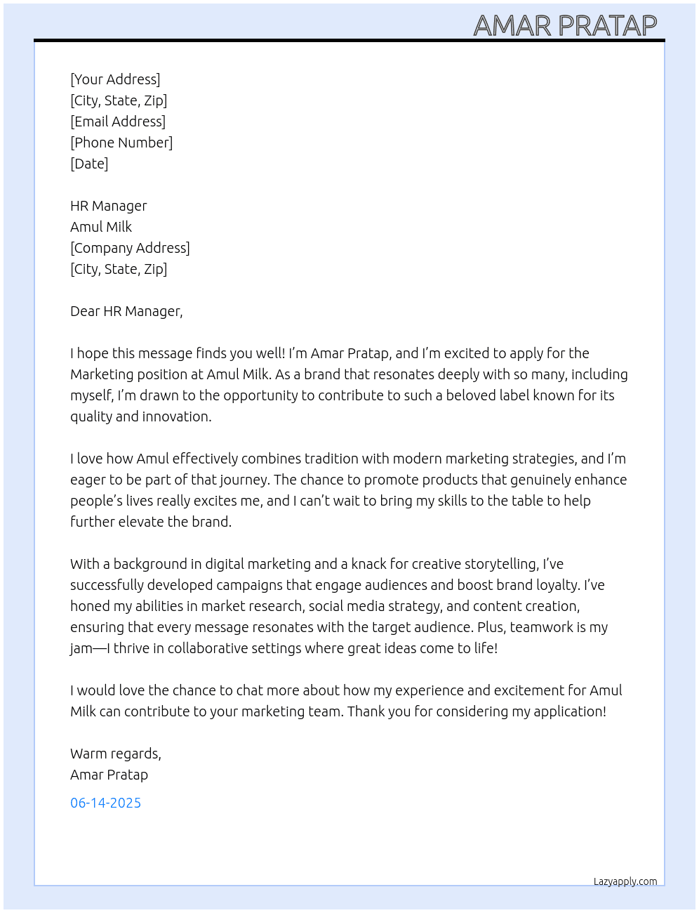Marketing  At Amul Milk  Cover Letter