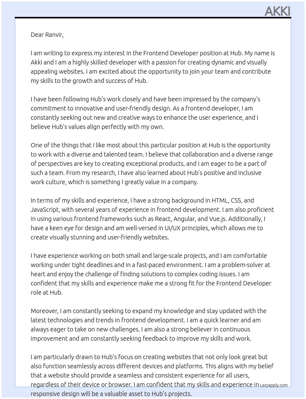 Frontend developer At hub Cover Letter