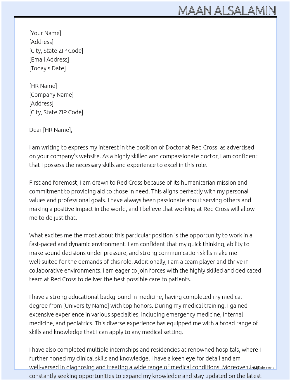 Doctor  At Red cross  Cover Letter