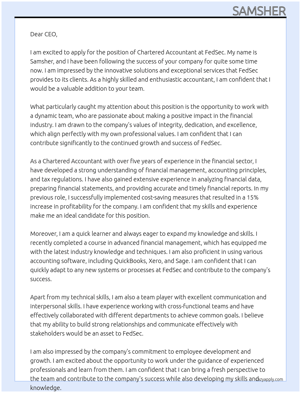 Chartered Accountant At FedSec  Cover Letter