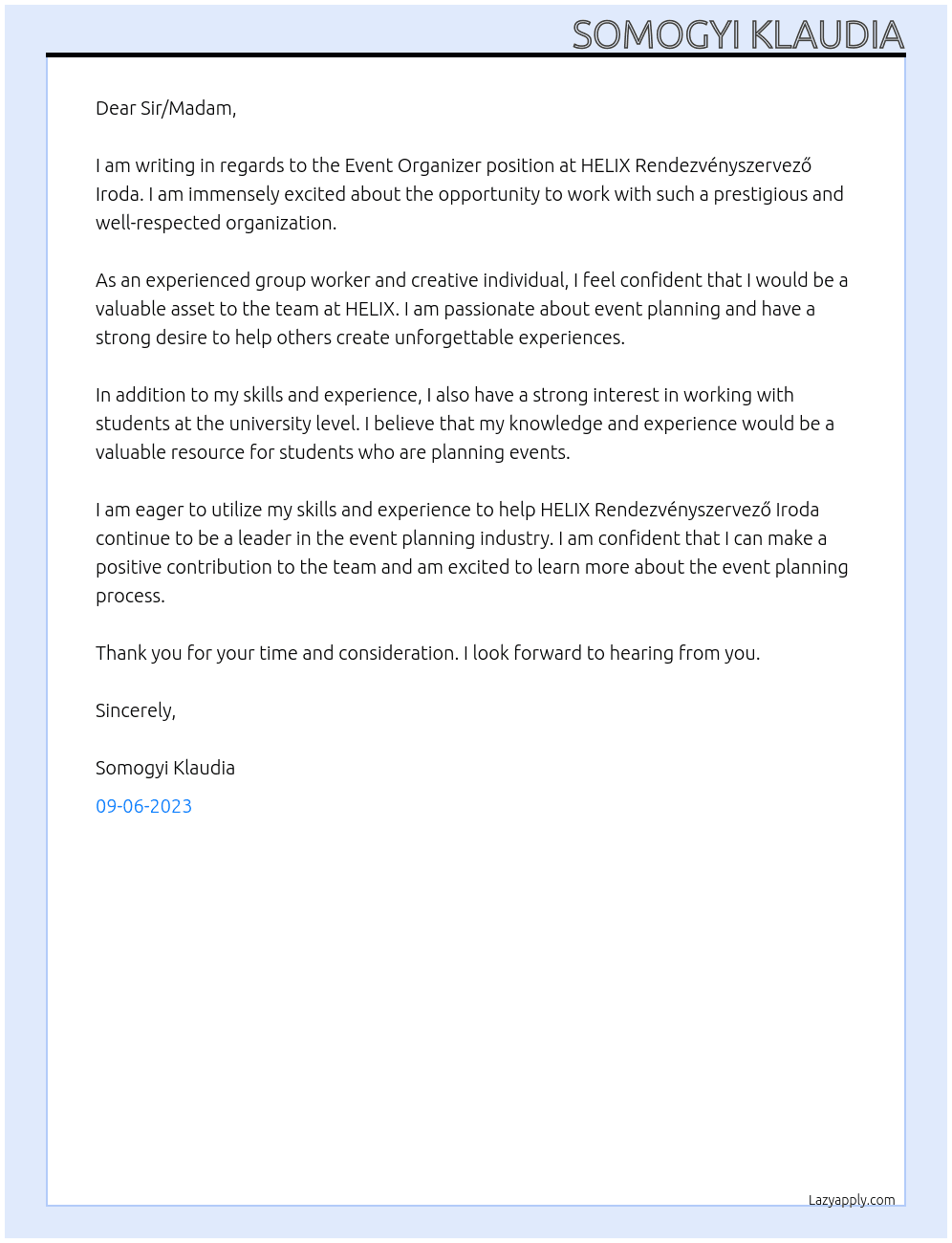 Event Organizer At HELIX Rendezvényszervező Iroda Cover Letter