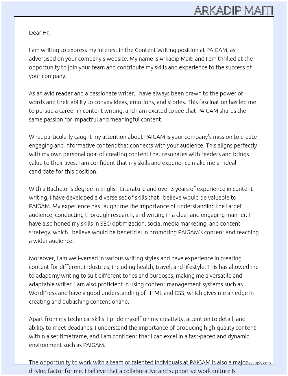 Content writing  At PAIGAM Cover Letter