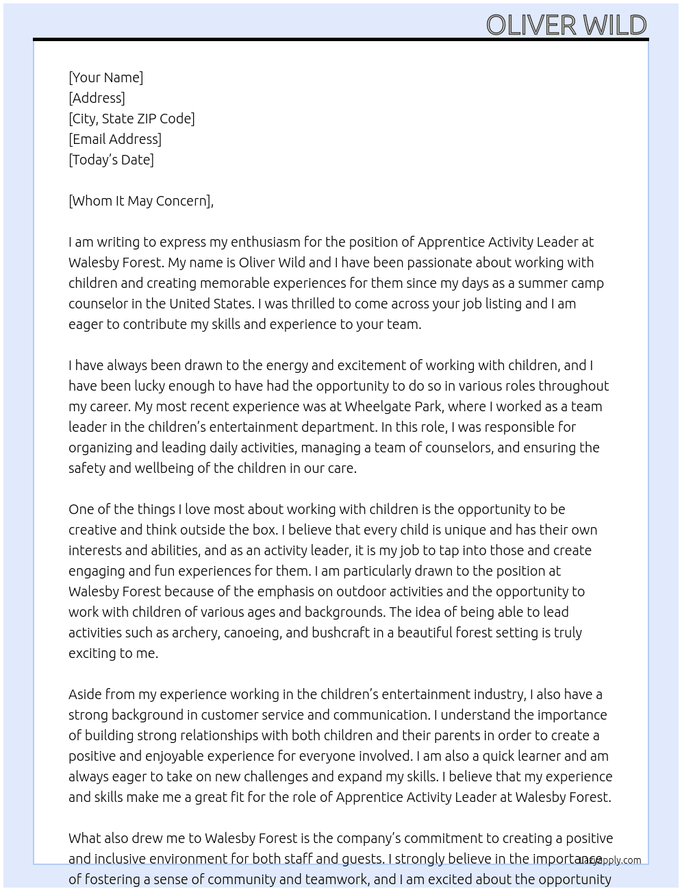 Apprentice activity leader  At Walesby Forest  Cover Letter