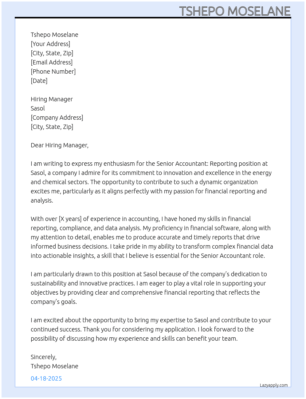 Cover letter for senior accountant: reporting - LazyApply