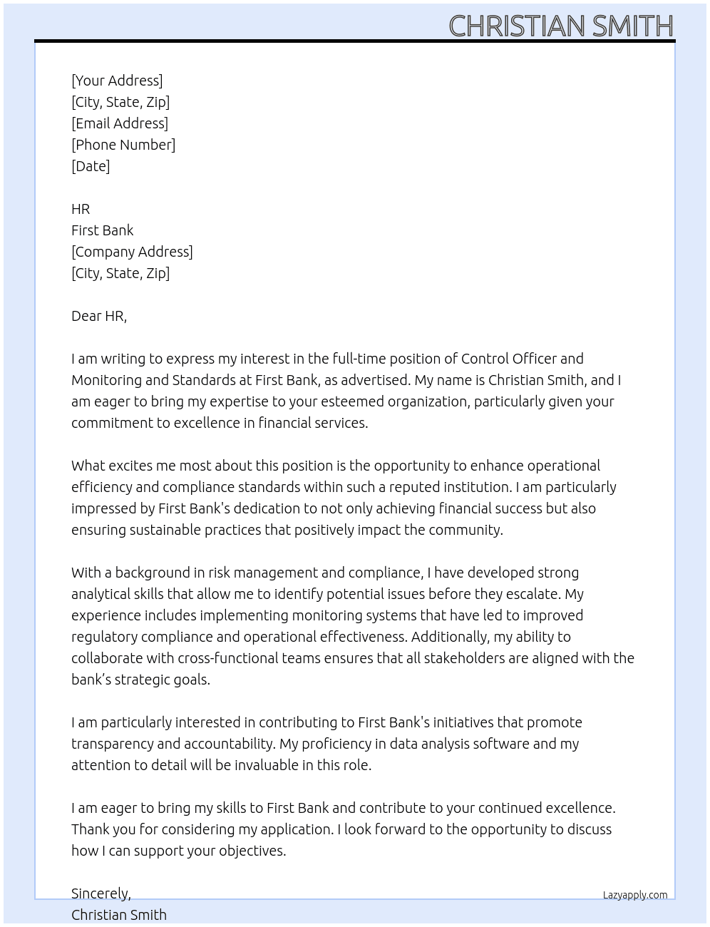 Control Officer and Monitoring and Standards  At First Bank  Cover Letter