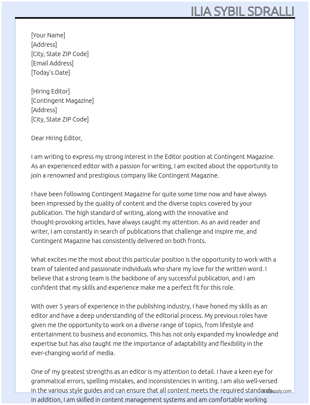 Editor At Contingent Magazine Cover Letter