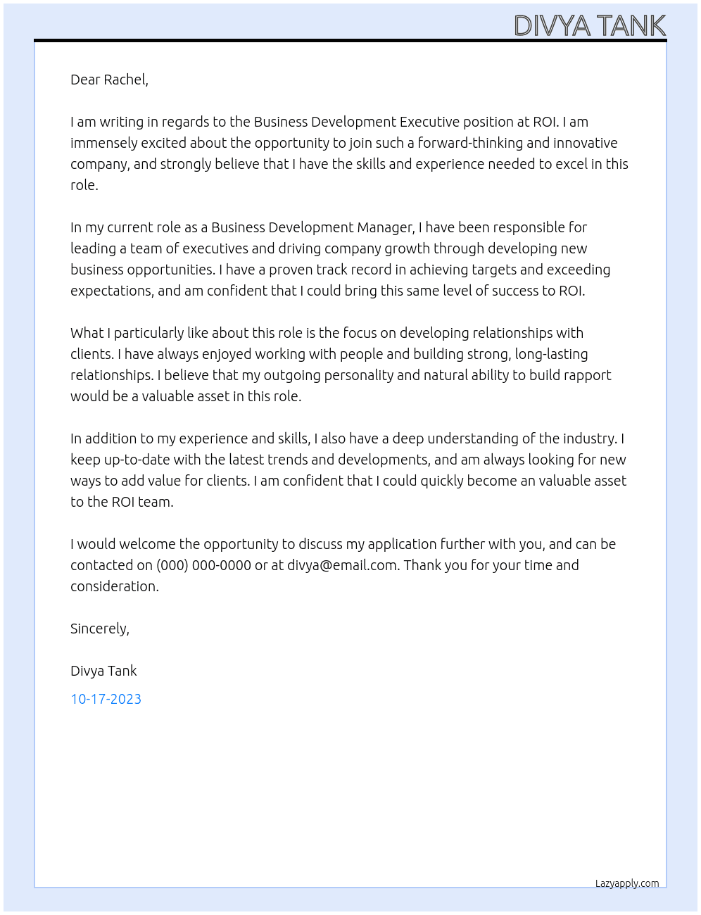business development excuetive At ROI Cover Letter