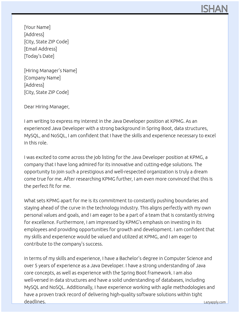 Java Developer At KPMG Cover Letter