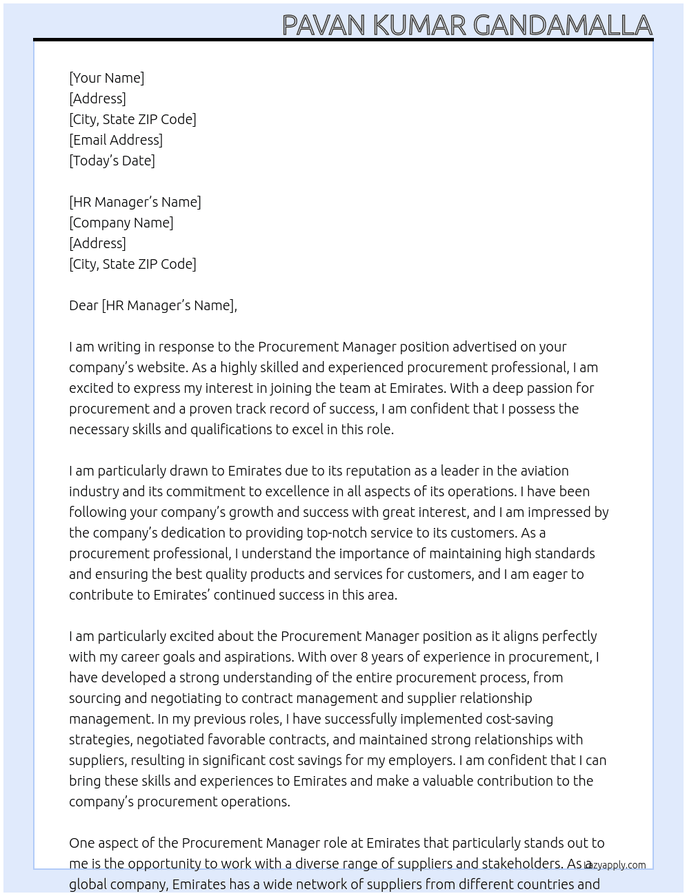 Procurement Manager At Emirates Cover Letter
