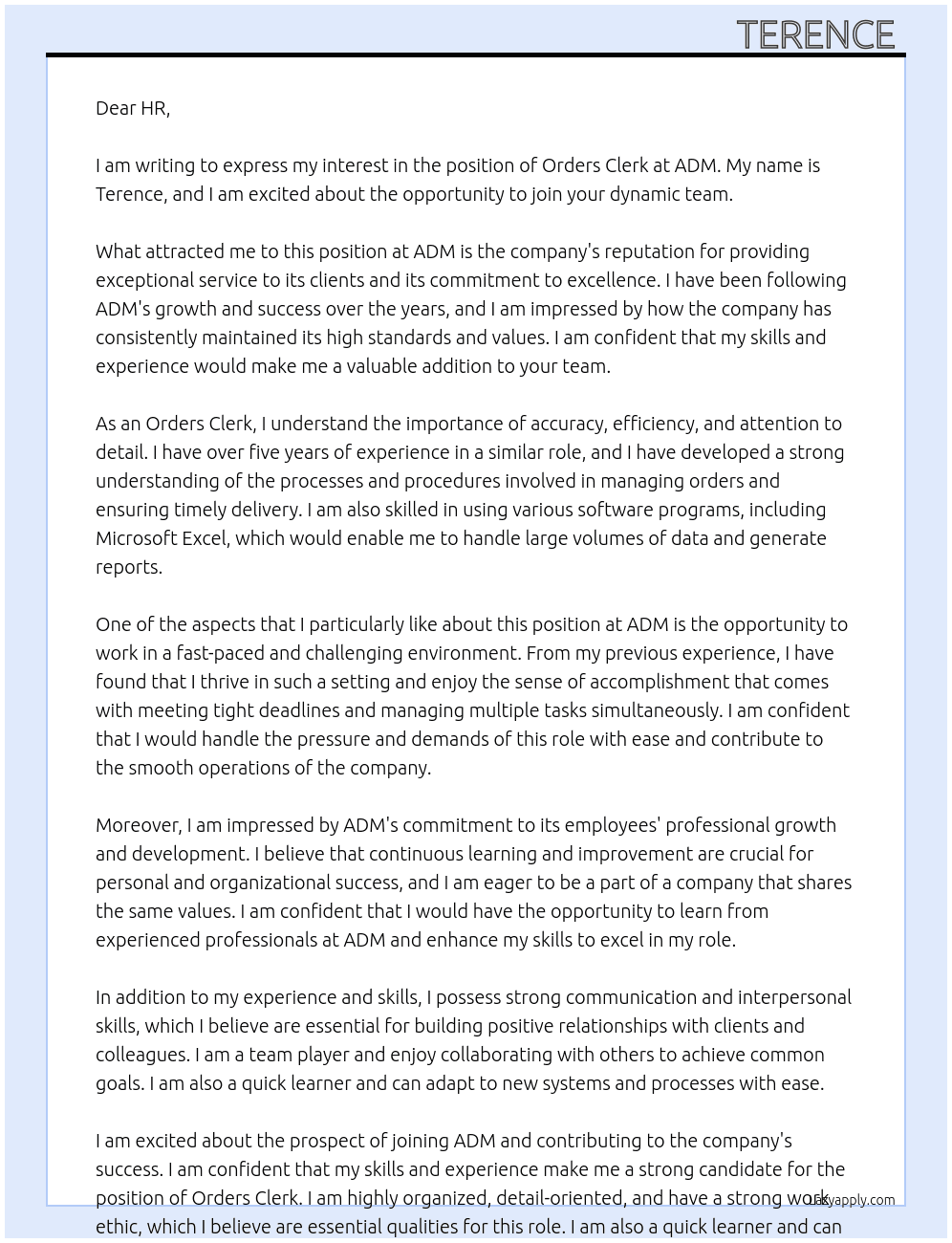 Orders cleck At ADM Cover Letter