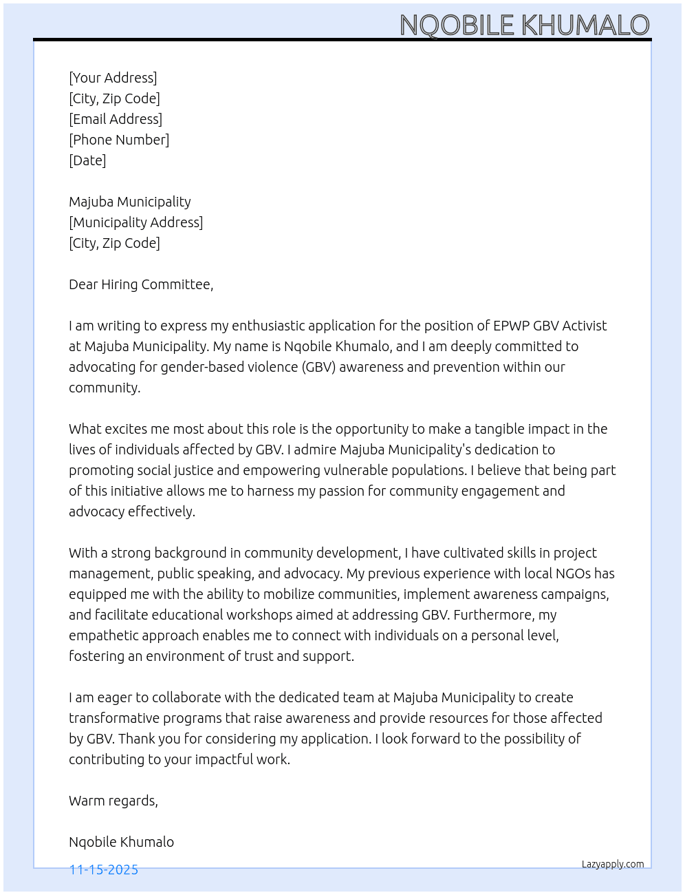 EPWP GBV ACTIVIST  At Majuba municipaloty Cover Letter