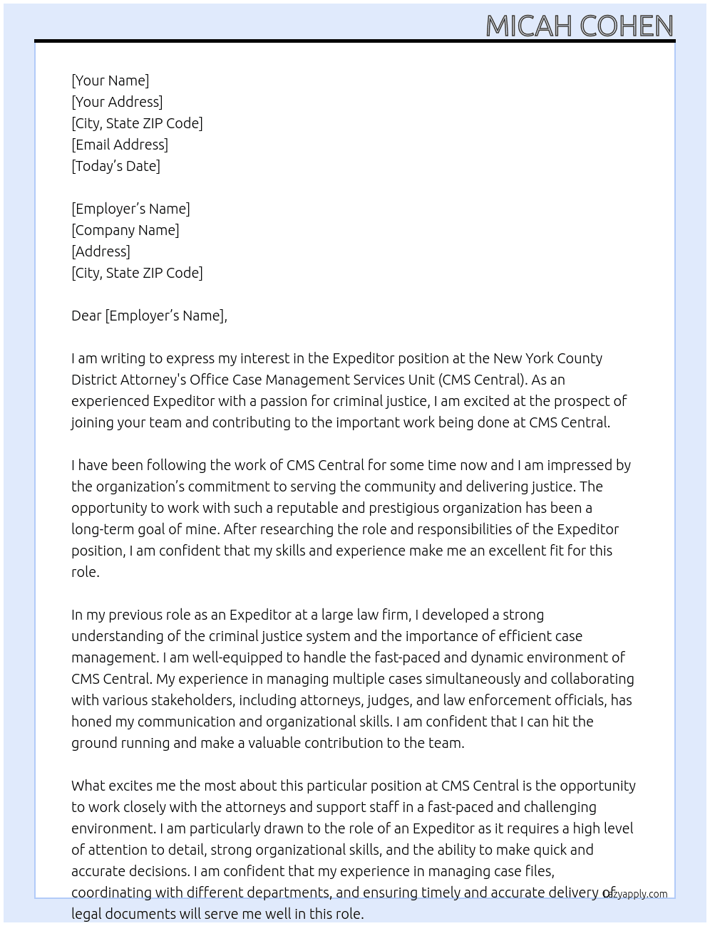 Expeditor At New York County District Attorney's Office Case Management Services Unit Cover Letter