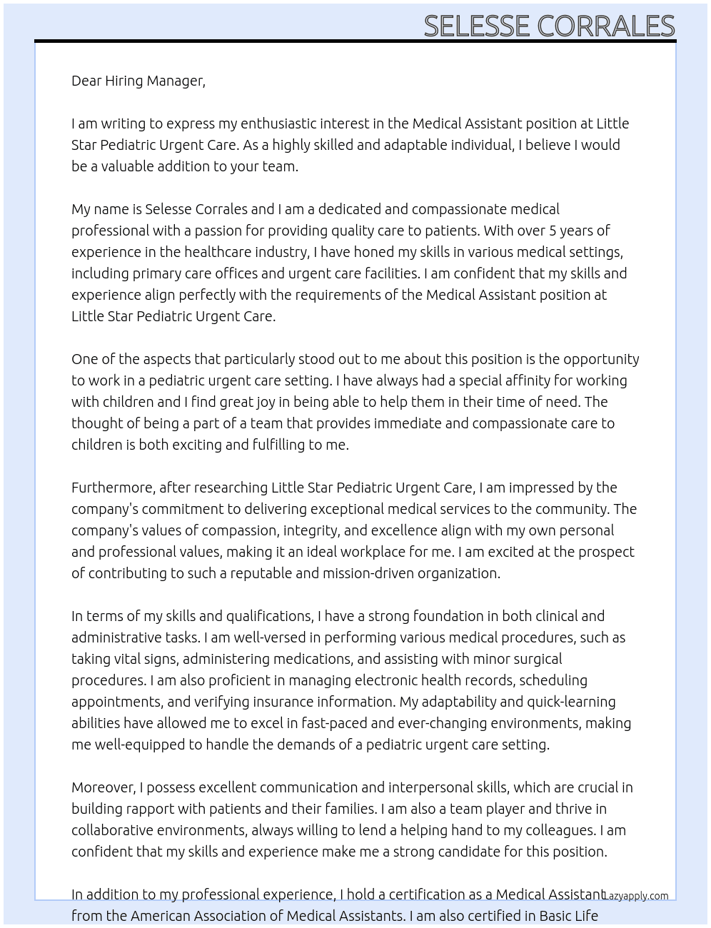 Medical assistant  At Little star pediatric urgent care  Cover Letter