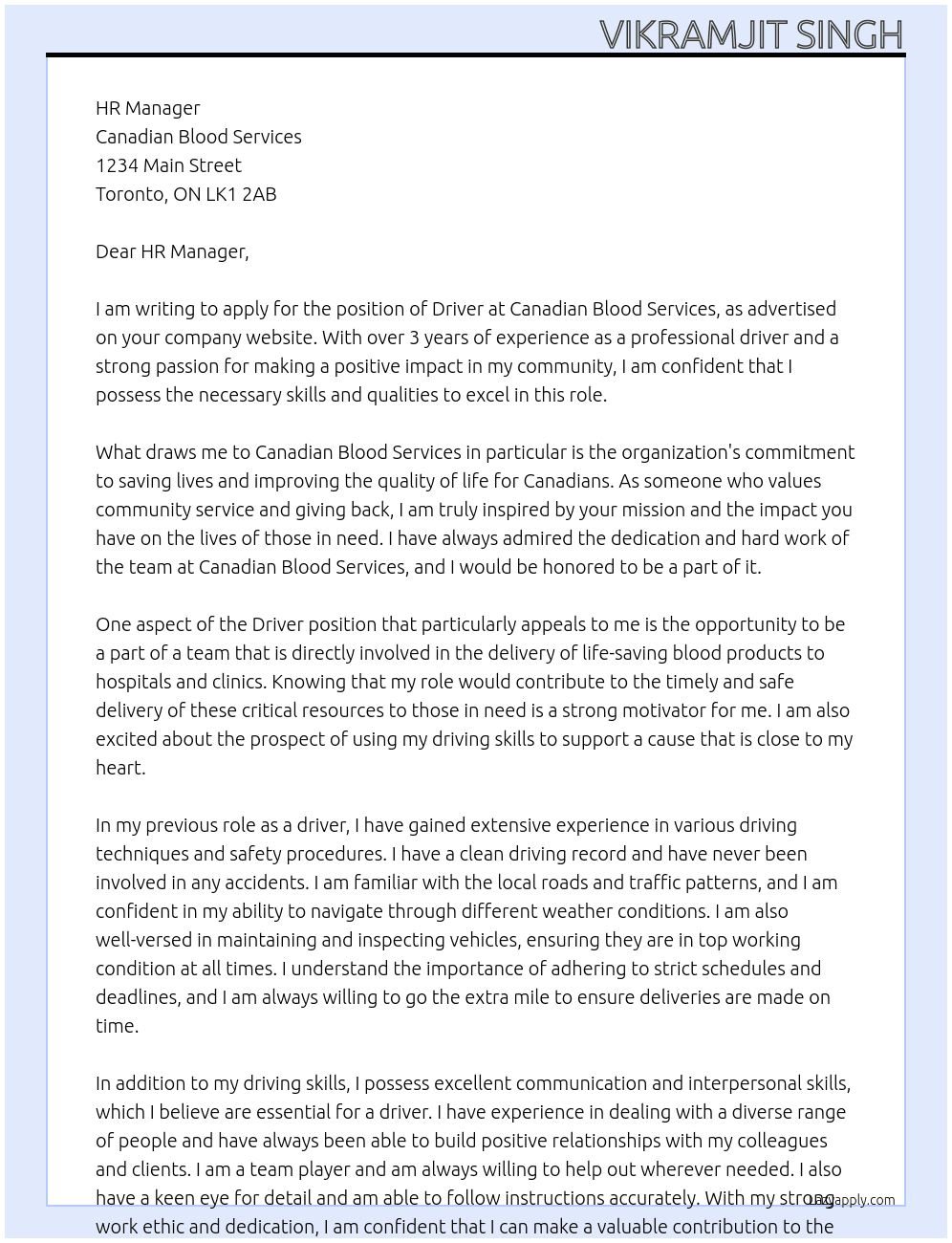 driver At canadian blood services Cover Letter
