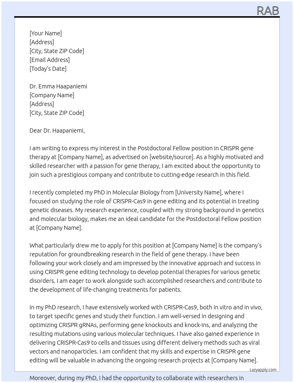Postdoctoral Fellow in CRISPR gene therapy At group Cover Letter