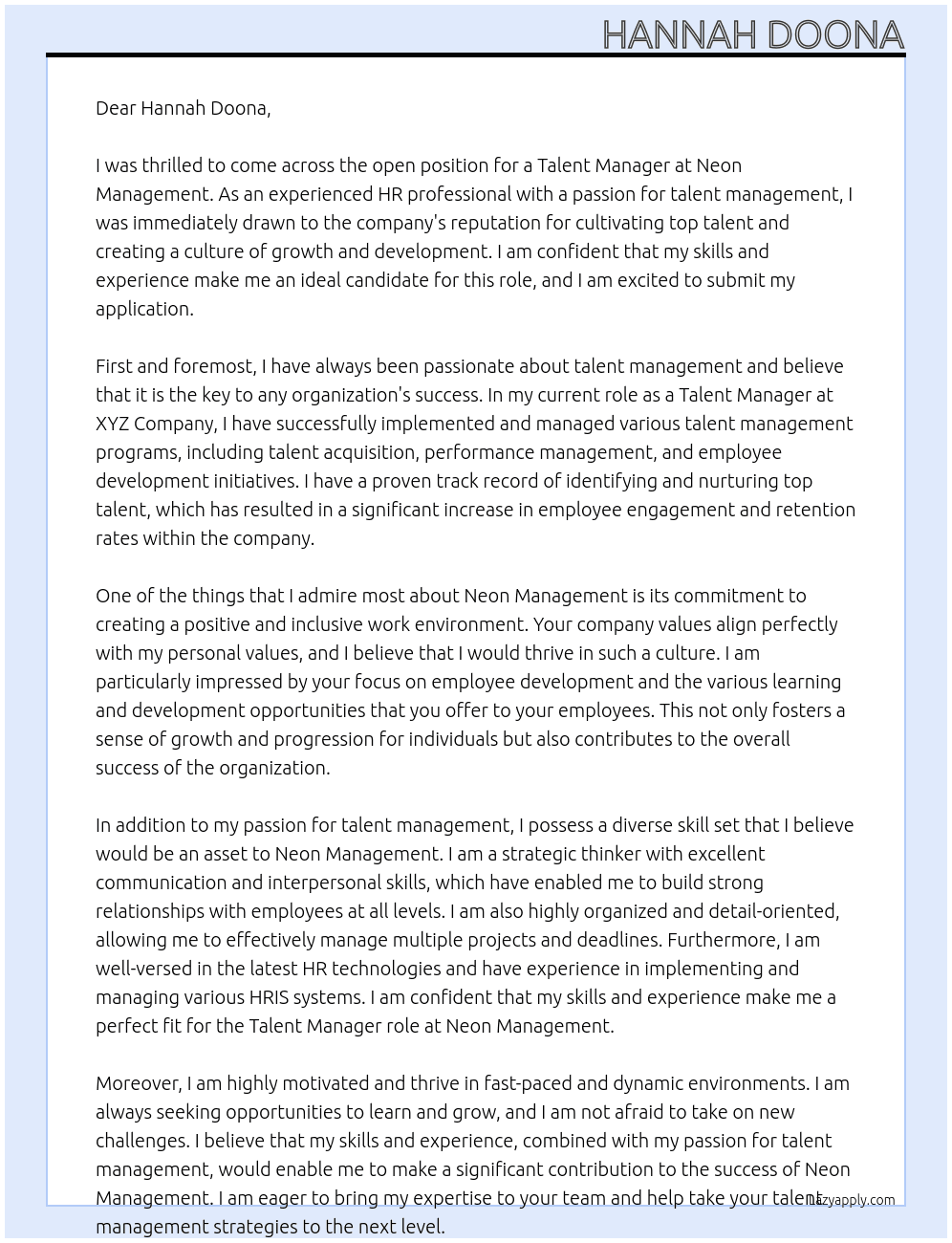 Talent manager  At Neon Management  Cover Letter