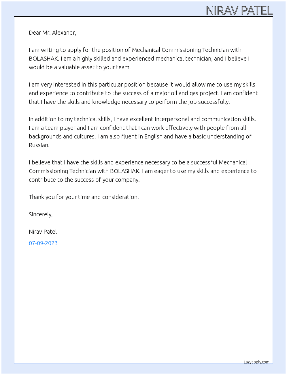 Mechanical Commissioning Technician  At BOLASHAK Cover Letter