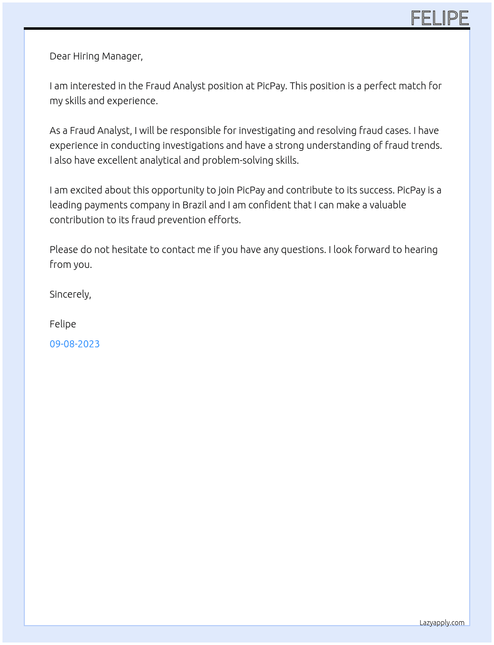 Fraud Analyst At PicPay Cover Letter
