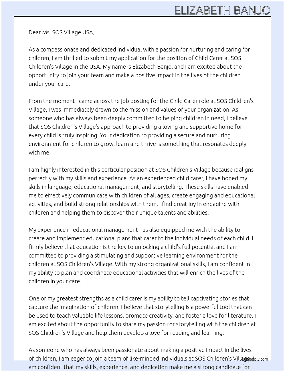 Child carer At SOS children village in usa Cover Letter