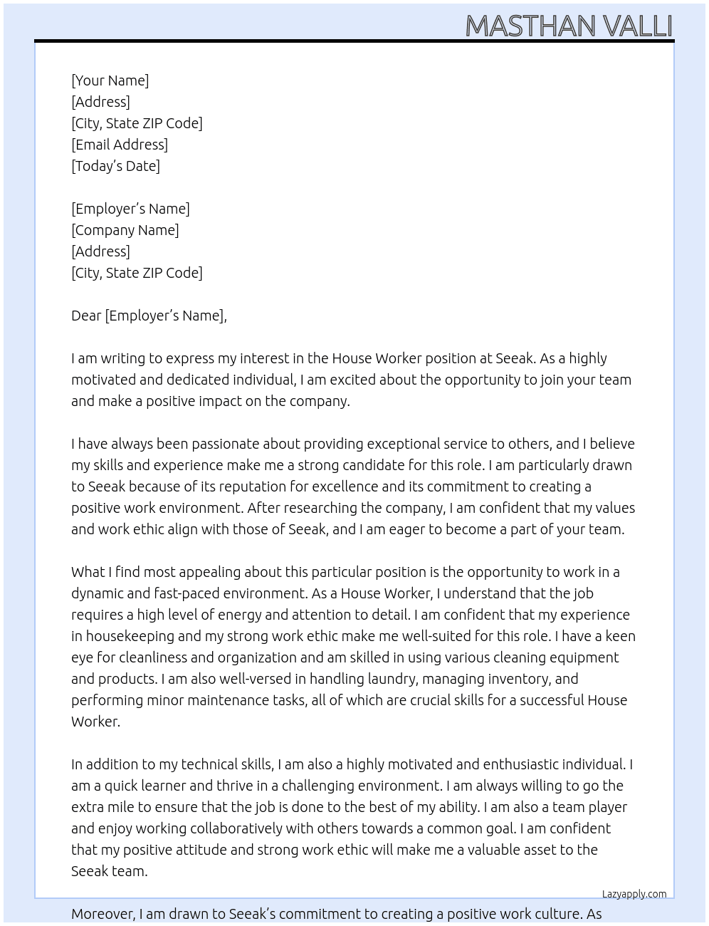 We're house worker At Seeak Cover Letter