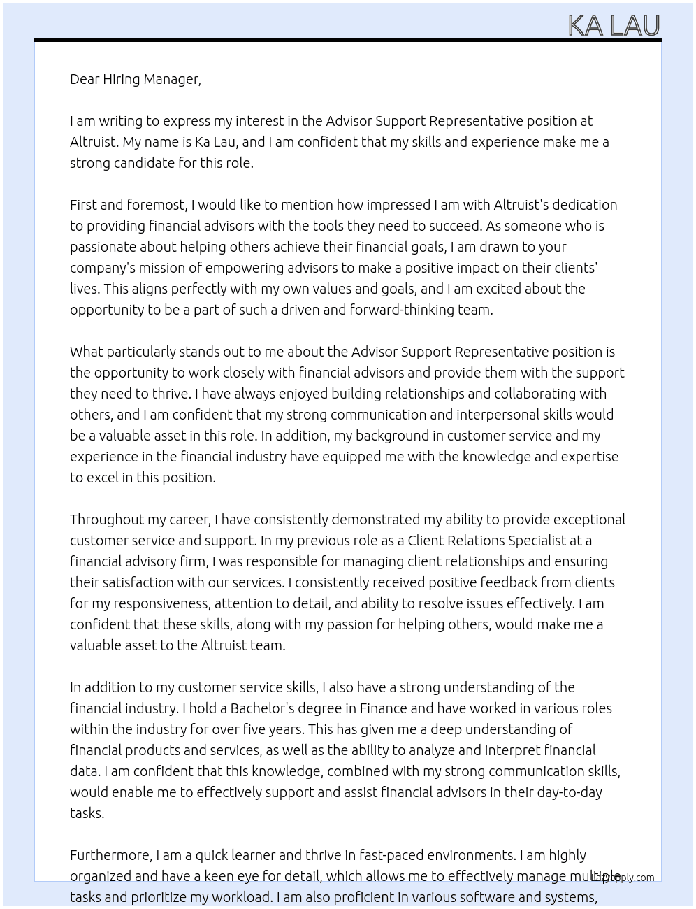 Advisor Support Representative At Altruist Cover Letter