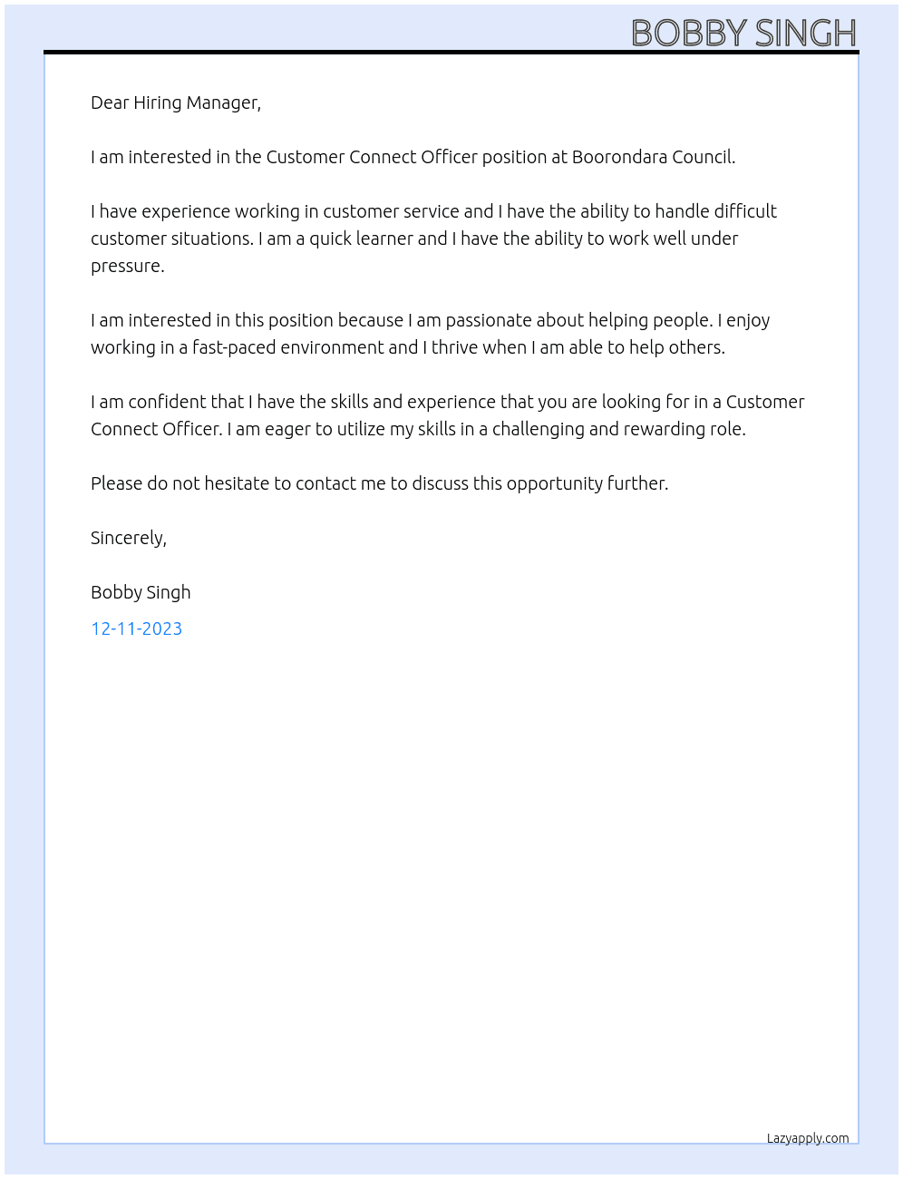 Customer Connect Officer At Boorondara Council Cover Letter